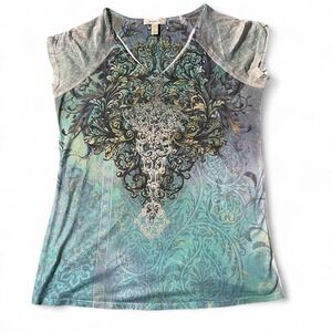 Y2K blue & green floral print top with bedazzled details and mesh sleeves- large
